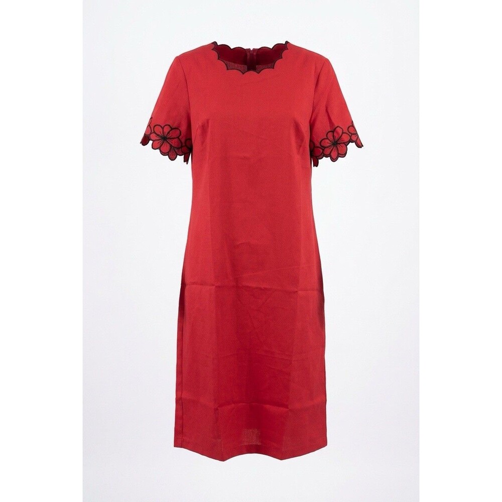 Anthony Richards Women Red Scalloped Floral Embroidered Shift Dress Size 16 NWOT
